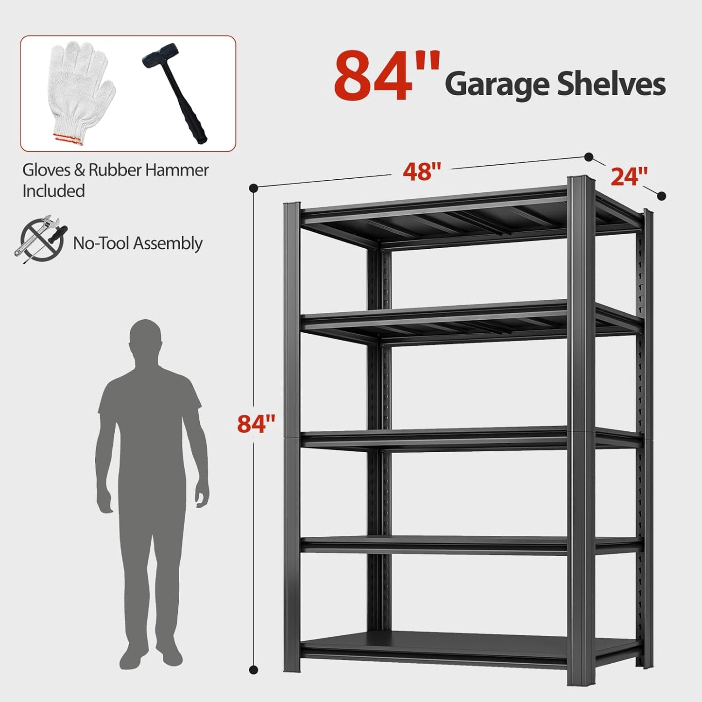 48" W Father&I Industrial Heavy-Dudy Garage Shelving Units/Systems: Metal 5-Tier Storage Shelves Adjustable for Basement/Closet/Tote/Kitchen/Pantry Organization, 84" H*48W *24" D, Black