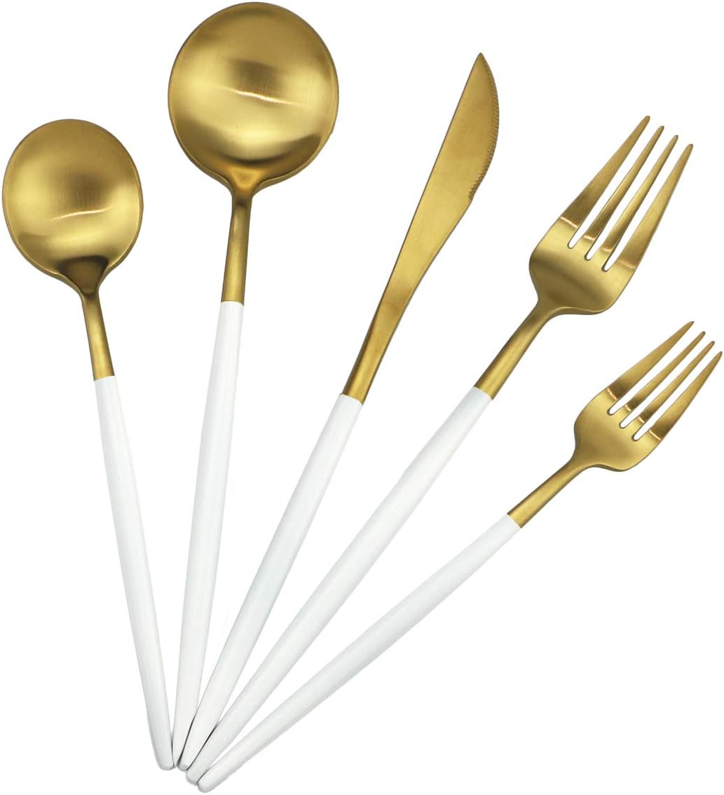 White Handle Matte Gold Silverware Set,Gugrida 5-Piece 18/10 Stainless Steel Satin Finish Flatware Set,Kitchen Utensil Set,Tableware Travel Cutlery Set for Camping Office Lunch, Dishwasher Safe