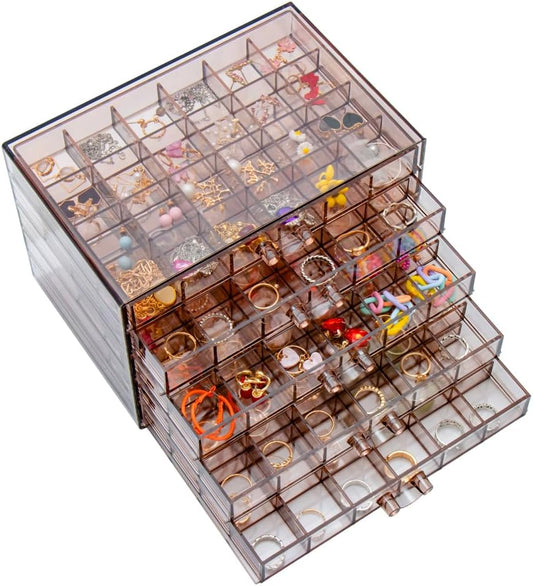 Earring Storage Box Organizer, Acrylic Jewelry Storage Box Holder 5 Drawers Transparent Jewelry Display Stand with 120 Small Compartments Gift Boxes for Women Girls (Clear Purple Brown)