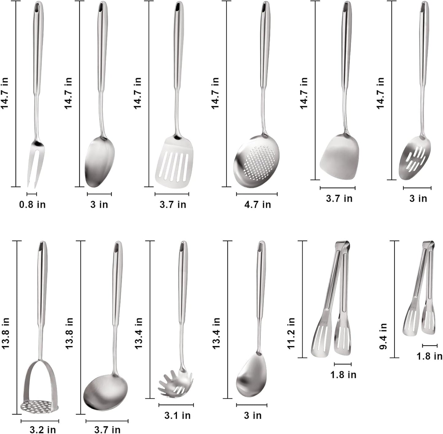 304 Stainless Steel Cooking Utensils Set, Stainless Steel Kitchen Utensils, 12 PCS Long Large Metal Cooking Utensil Tools Set, Potato Masher, Fork, Tongs, Pasta, etc (Dishwasher Safe)