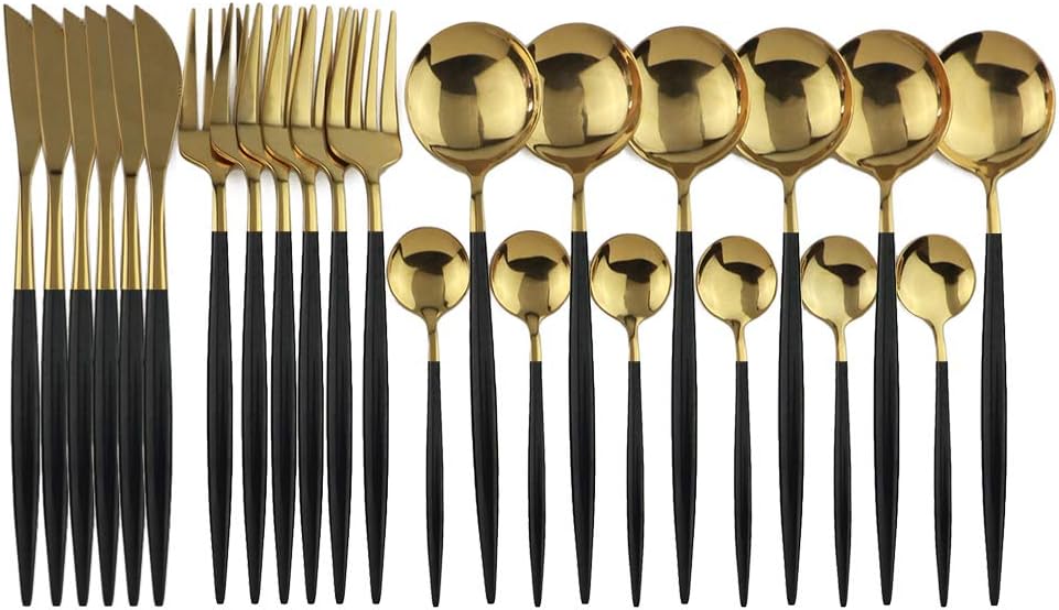 24-Piece Flatware Set, 18/0 Stainless Steel Knife Fork Spoon Teaspoon Silverware Set, Service for 6, Black Handle Gold