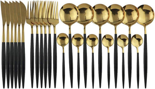24-Piece Flatware Set, 18/0 Stainless Steel Knife Fork Spoon Teaspoon Silverware Set, Service for 6, Black Handle Gold