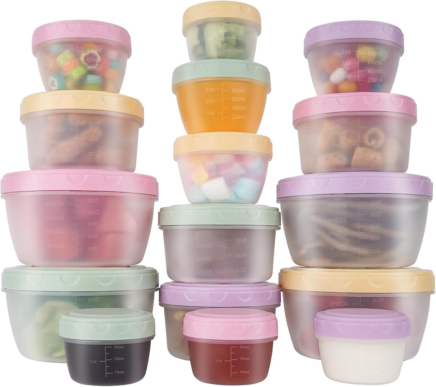16 Piece Food Storage Containers with Lids (1Oz-45Oz), Leakproof BPA-Free Bowls Set with Pastel Color Lids for Soup, Snacks, Condiment, Salad Dressing & Sauce, Space Saving Nesting Design