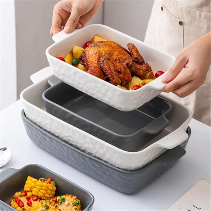 Lavandi Ceramic Bakeware Set, Rectangular and Wide Baking Pans, Oven/Microwave/Dishwasher Safe (White, 8 inches)