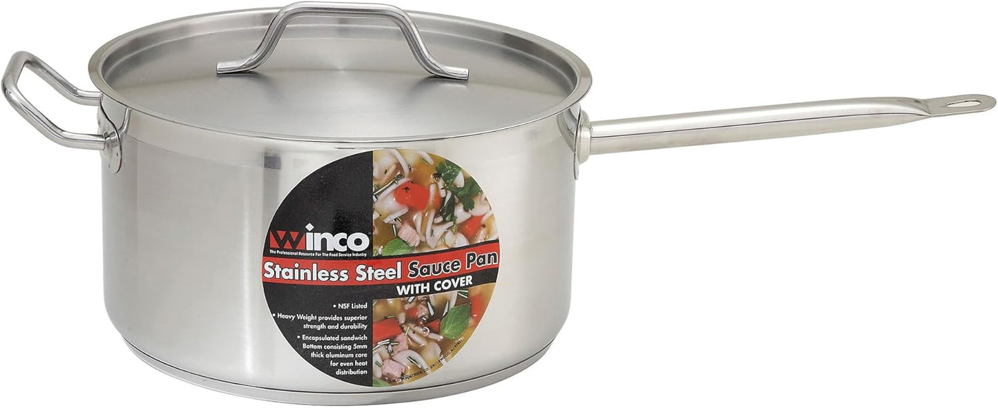 Winco Heavy-Duty Stainless Steel Sauce Pan with Cover and Helper Handle, 7.5 Quart