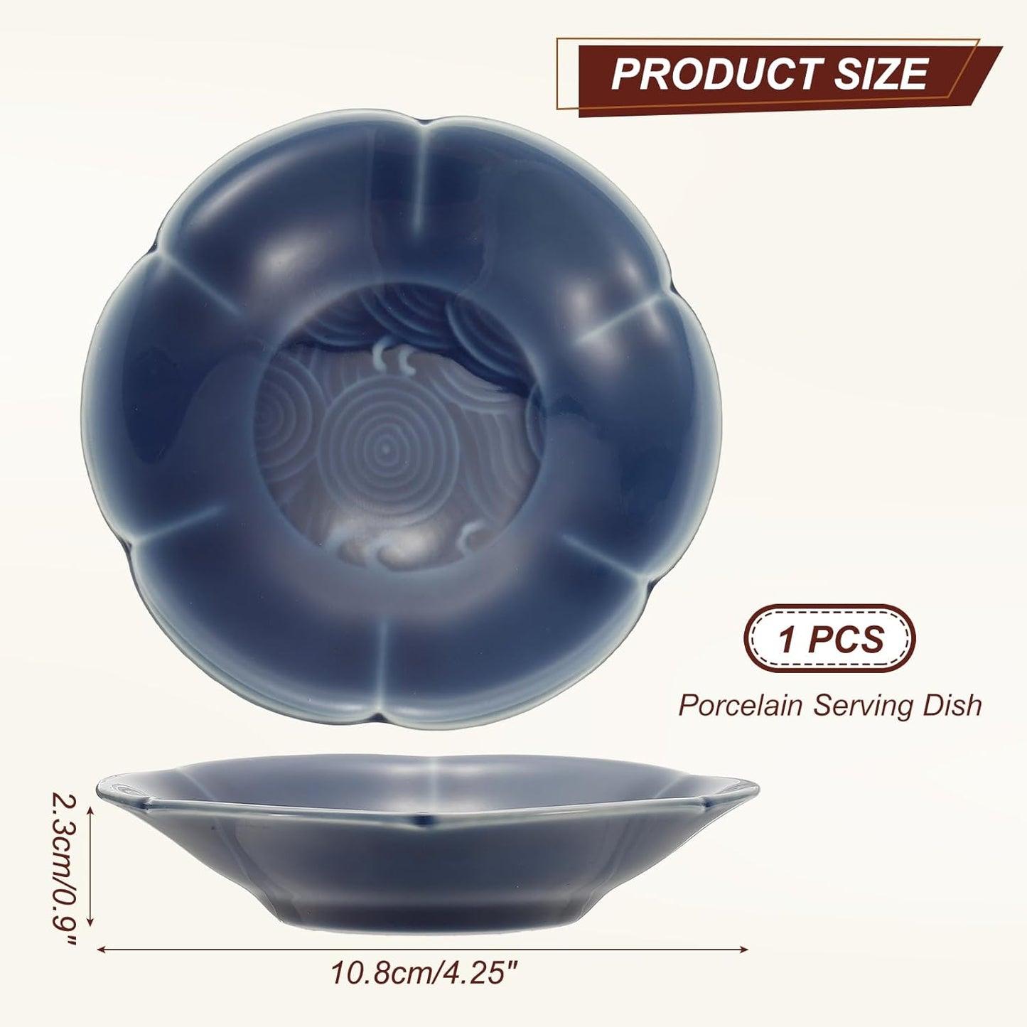 uxcell Porcelain Serving Dish, 4.25 Inch Small Ceramic Candy Plate with Water Pattern Petal Shape Decorative Bowl for Wedding Party Household Living Room Candy Snack Plate, Dark Blue