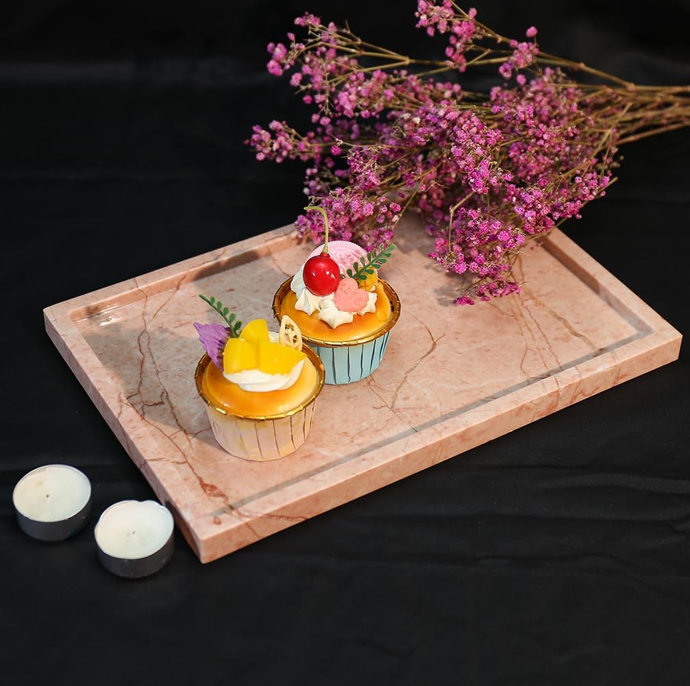 Real Luxurious Natural Marble Vanity Tray Genuine Marble Storage Tray for Home Decor Stone Tray for Bathroom/Kitchen/Vanity/Dresser Non-Resin/Non-Ceramic/Cream Rose