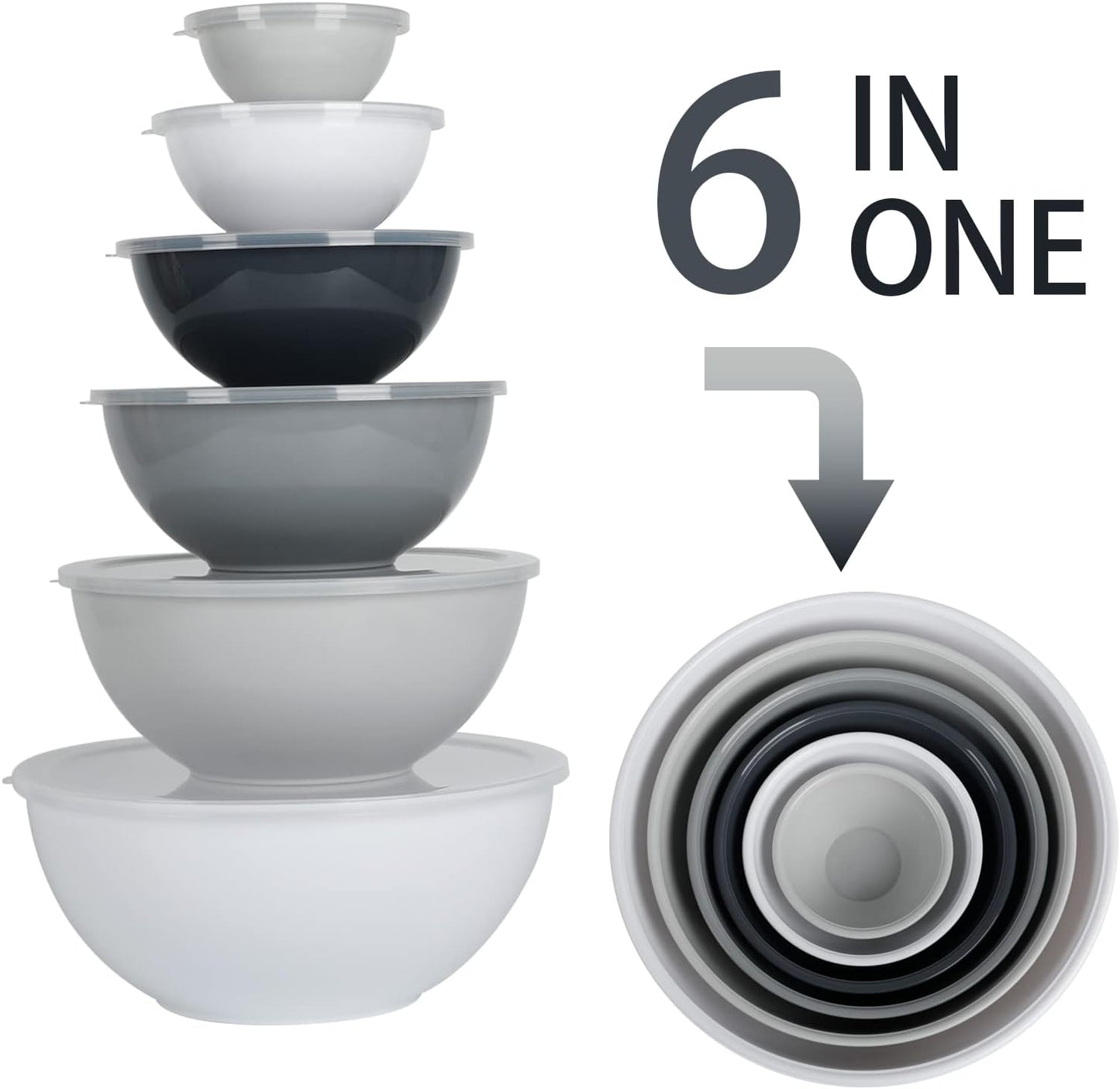 BoxedHome BPA Free Plastic Round Mixing Bowl with Lids, 12 Pack Nesting Bowls with Lids Set, Microwave and Dishwasher Safe Prep & Serving Bowls Great for Mixing, Baking, Serving (White, 12pcs)