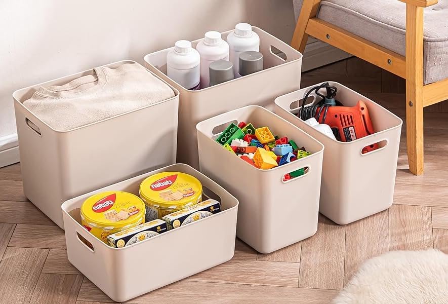 Set Of 4 Plastic Storage Bins,Versatile Kitchen Pantry Organization and Storage,for Plastic Storage Container Under Bed,Under Sink Bathroom Organizer (Grey, 4 Pack Medium)