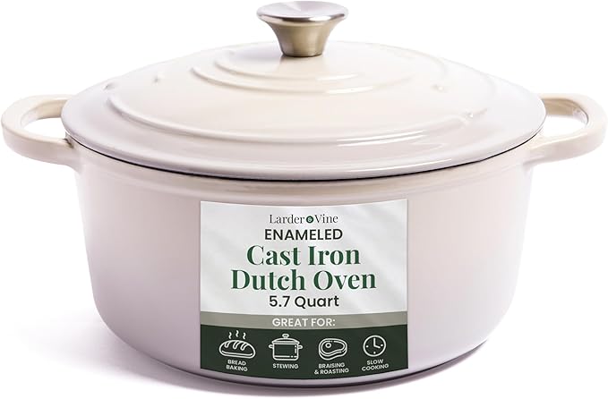 Larder & Vine Enameled Cast Iron 5.7 qt Dutch Oven Pot with Lid | Dutch Oven | Compatible on All Cooktops & Oven Safe to 500° F | Great for Sourdough Bread | Stone