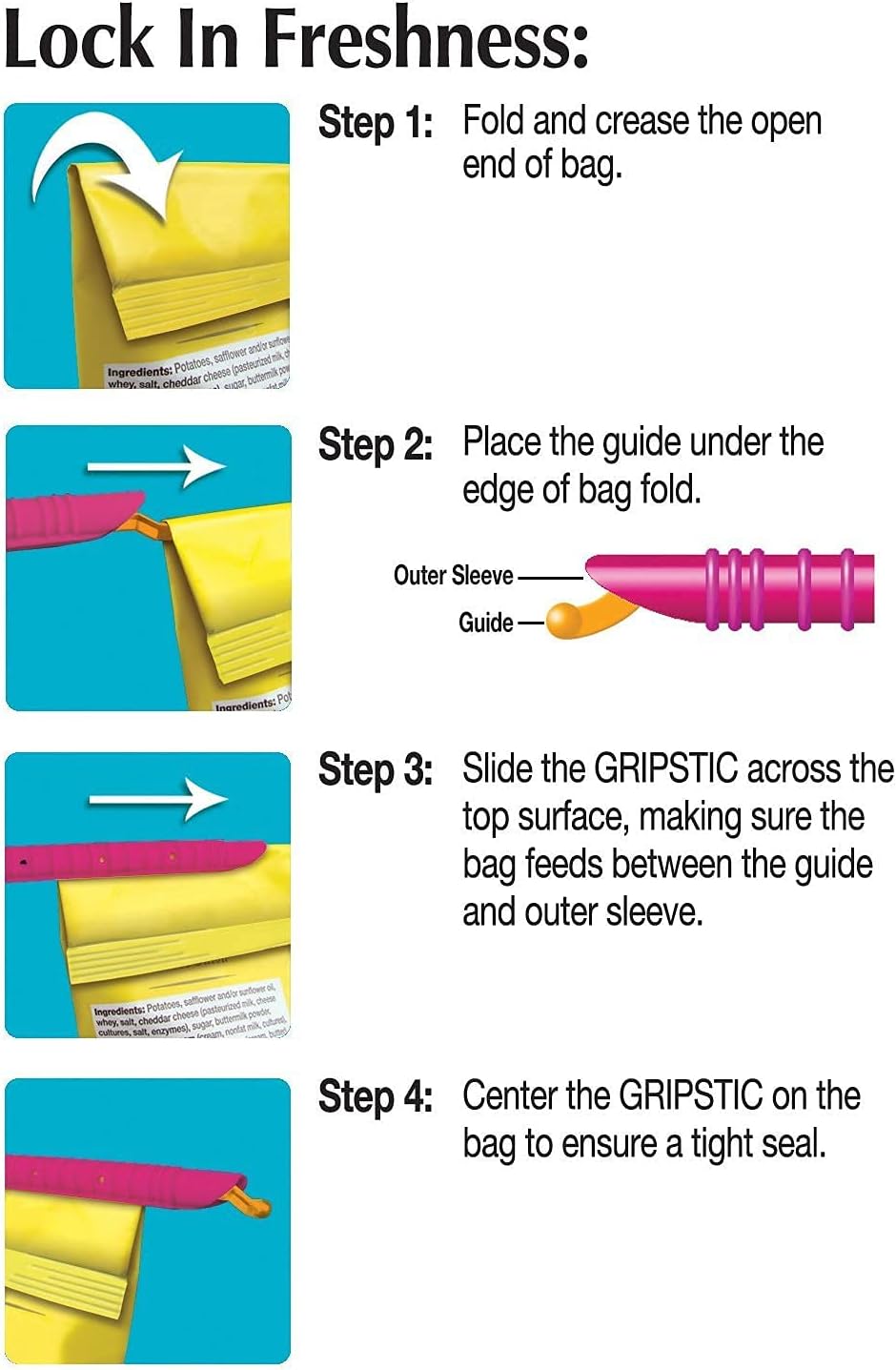 GripStic Bag Sealer. Reusable Chip Clips, Bag Clips. Patented. Airtight & Waterproof Seal on Food Storage Bags, Kids Snacks & More. Near Zero Waste. 12ct Small