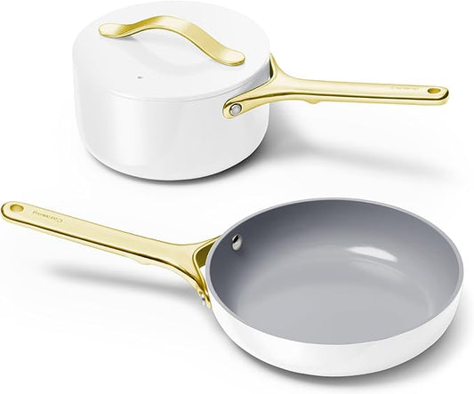Caraway Mini Cookware Set - Non-Stick Ceramic Fry Pan (1.05 qt, 8") Sauce Pan (1.75 qt) & Storage Rack - Non Toxic, PTFE & PFOA Free - Oven Safe & Stovetop Agnostic (Gas, Electric & Induction) - White