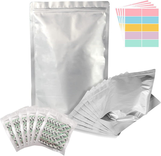 50pcs 1 Gallon Mylar Bags for Food Storage with Oxygen Absorbers 500CC (6 Packs of 10pcs) and Labels, 10 Mil 10"x14" Zipper Pouches Resealable and Heat Sealable for Long Term Food Storage (50 Bags)