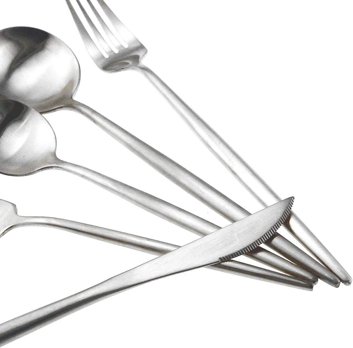 Matte Silver Silverware Set,Gugrida 5-Piece 18/10 Stainless Steel Satin Finish Flatware Set,Kitchen Utensil Set,Tableware Travel Cutlery Set for Camping Office or School Lunch, Dishwasher Safe