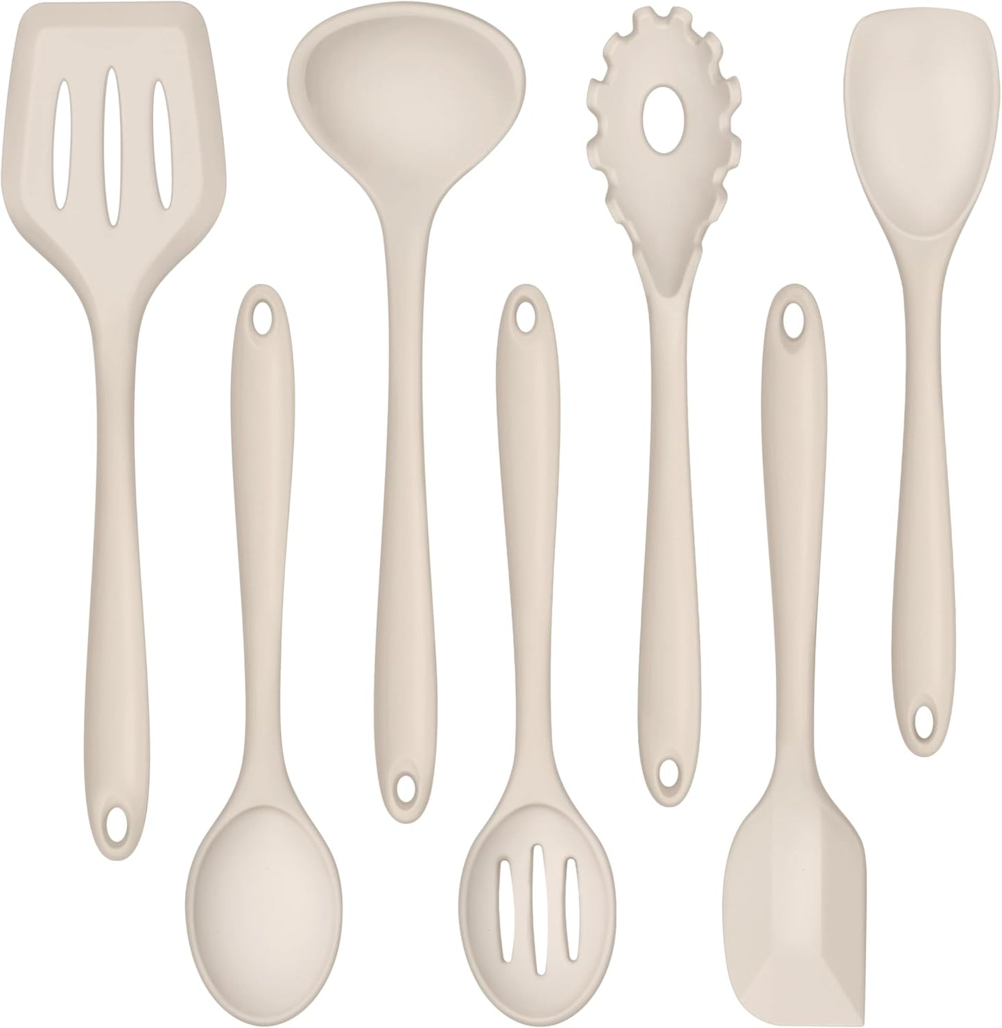 TeamFar Silicone Cooking Utensils, 7 PCS Heat Proof Kitchen Utensils Set, Kitchen Tools Spatula Turner Ladle Spoon Pasta Fork for Nonstick Cookware, Non-Toxic & Dishwasher Safe, Khaki