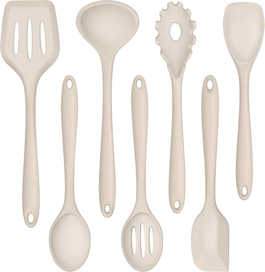 TeamFar Silicone Cooking Utensils, 7 PCS Heat Proof Kitchen Utensils Set, Kitchen Tools Spatula Turner Ladle Spoon Pasta Fork for Nonstick Cookware, Non-Toxic & Dishwasher Safe, Khaki