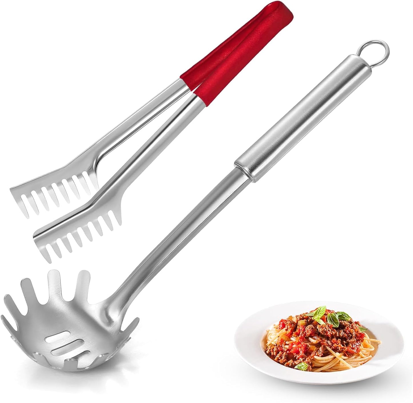 Spaghetti Spoon and Spaghetti Tong - 12 Inch Heat-Proof Handle Spaghetti Fork and Kitchen Tong, Non-stick, Easy Storage and Dishwasher Safe Utensils for Cooking, Ergonomic Design