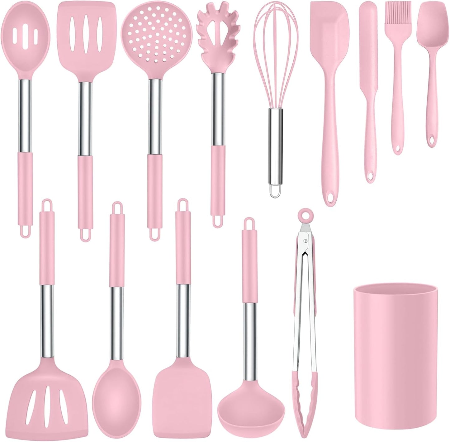 Silicone Utensils Set, Onader 15pcs Kitchen Cooking Utensils with Holder, Non-stick Cookware with Stainless Steel Handle, Kitchen Gadgets Tools Gift - Pink