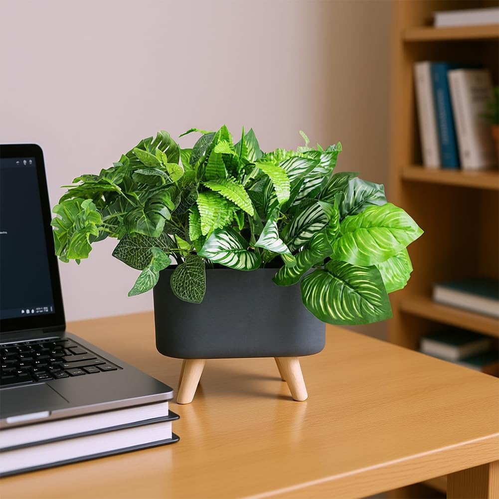 Artificial Green Grass Plants in Rectangular Planter Boxes, Faux Greenery in Decorative Crate Style for Office Table Wedding Kitchen Windowsill Shelf Decor