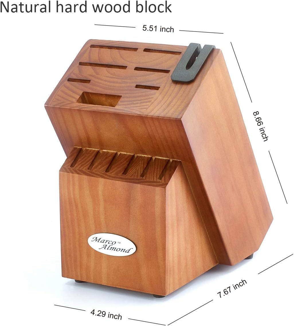 Marco Almond® Knife Block Set, KYA26 Knife Set with Block, 14 Pieces Stainless Steel Chef Kitchen Knives with Built-in Sharpener