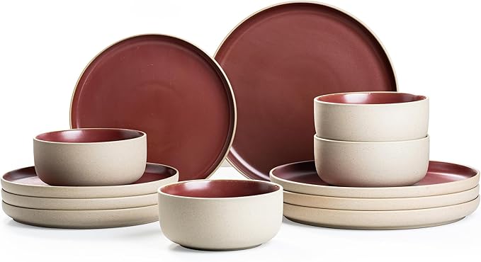12 Pieces Dinnerware Sets,Plates and Bowls Sets,Handmade Reactive Glaze Dishes Set for 4 with at Least 10% Recycled Ceramic and the Raw Texture of the Clay (Angora Red)