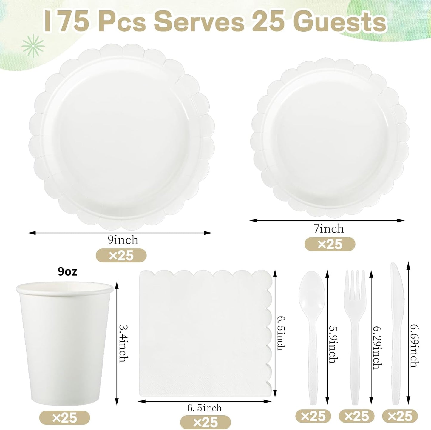 175 Pcs White Paper Plates and Napkins, 25 Guest White Party Supplies Include Scalloped Plates Paper Napkin Cup Plastic Spoon Fork Knive for Baby Shower, Wedding, Birthday