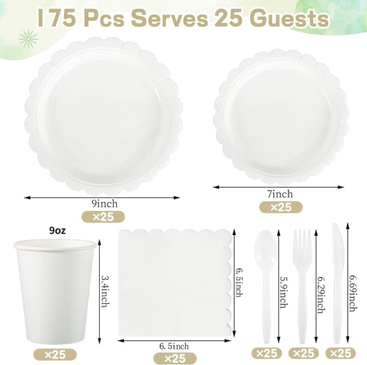 175 Pcs White Paper Plates and Napkins, 25 Guest White Party Supplies Include Scalloped Plates Paper Napkin Cup Plastic Spoon Fork Knive for Baby Shower, Wedding, Birthday