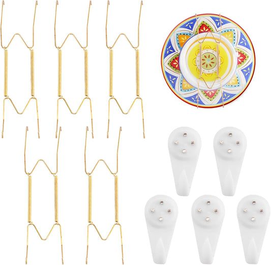 5 Pack Plate Hangers for The Wall Suitable for 9-11 inch Small Decorative Plate, Invisible Stainless Steel Plate Hangers for Display with Wall Hooks, for Plates/Platter/Dish/Picture(Gold)