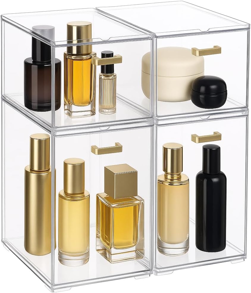 4 Pack Stackable Clear Acrylic Storage Drawers with Golden Handles, Plastic Drawer Organizers for Makeup, Kitchen, Bathroom, Office, Under Sink & Cabinet Organization(6.7"D x 10.6"W x 12"H)