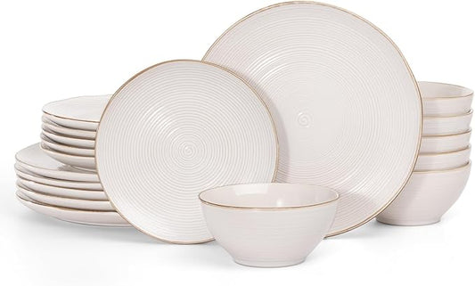 famiware Tempus Plates and Bowls Sets for 6, 18 Pieces Stoneware Dinnerware Sets, Dishes Set, Reactive Glaze Dishware Sets, Dishwasher & Microwave Safe - Antique White