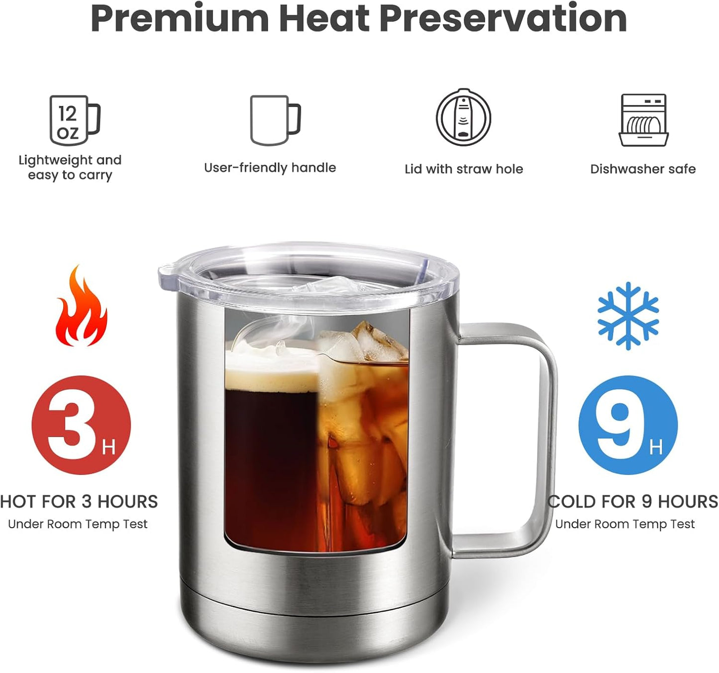 MEWAY 12oz Coffee Mug With Handle,Stainless Steel Insulated Travel Tumblers With Sliding Lid,Double Wall Vacuum Camping Cup for Hot & Cold Drinks Tea (Sliver,Set of 1)