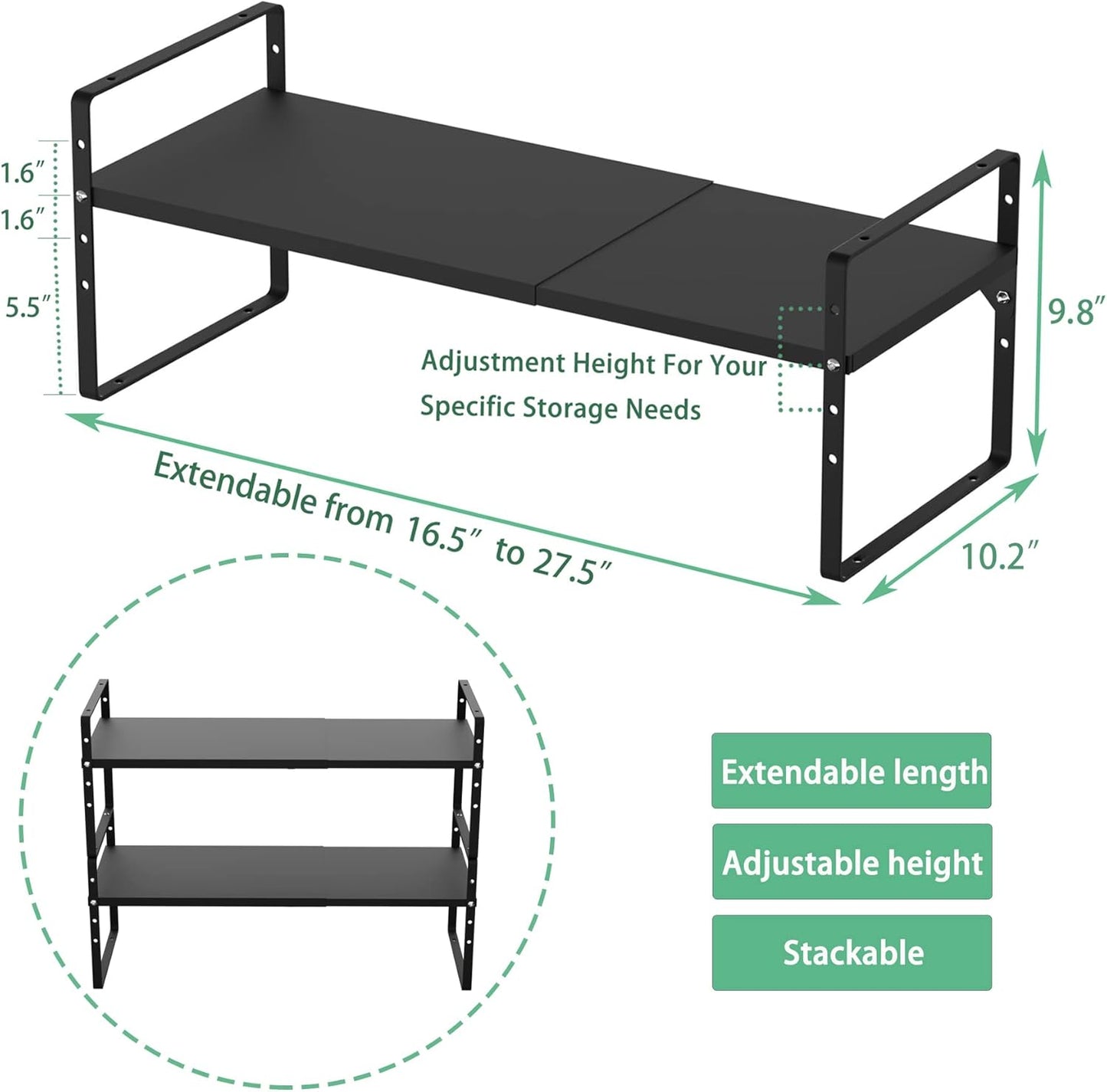 Redrubbit Large Expandable Cabinet Shelf Organizers, Stackable Kitchen Counter Shelves Spice Rack for Kitchen Bathroom Pantry Cupboard Desk Home Office, Black-2 Pack