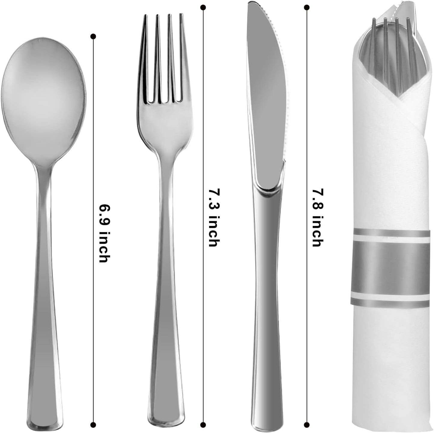 Pre Rolled Plastic Cutlery - Silver Disposable Plastic Silverware, 100 Pack Wrapped Silverware, Disposable Rolled Utensils with 100 Forks Knives Spoons Dinner Napkins for Party