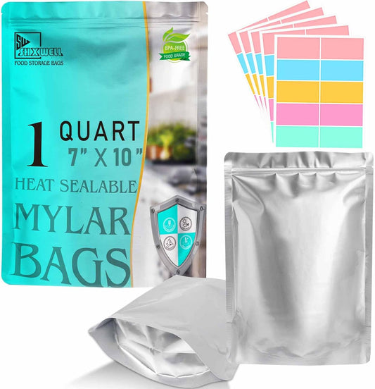 SHXWELL 50pcs 1 Quart Mylar Bags for Food Storage, 7"x10" 10 Mil Stand-Up Zipper Pouches Resealable and Heat Sealable for Long Term Food Storage(7"x10", Extra Thick)