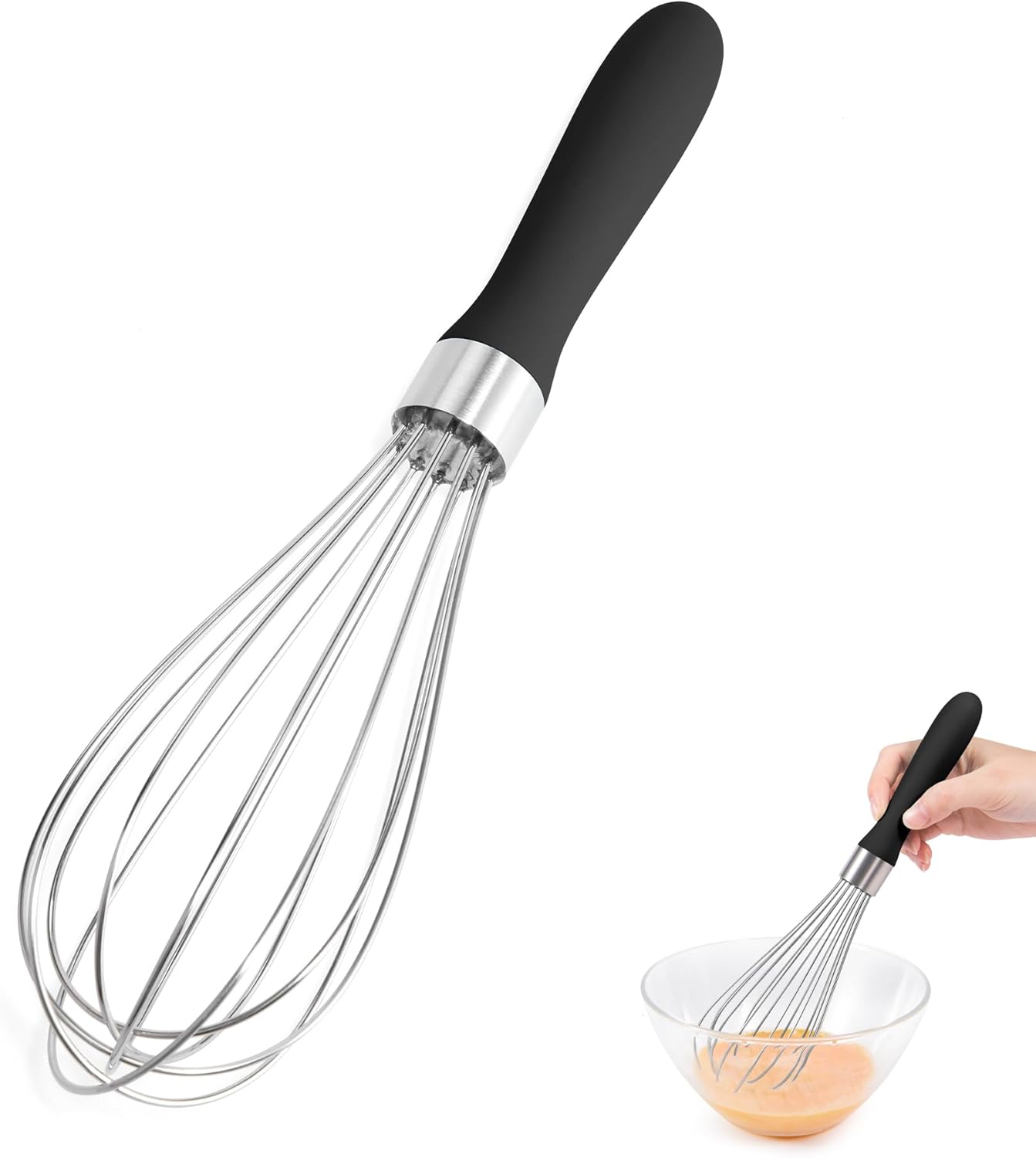 18/8 Stainless Steel Balloon Whisk, Doosu Kitchen Whisk for Cooking Handheld Egg Beater with Rust-Proof Sturdy Wires & Non-Slip Silicone Handle for Beating, Stirring, Blending (6 Wires, Black)