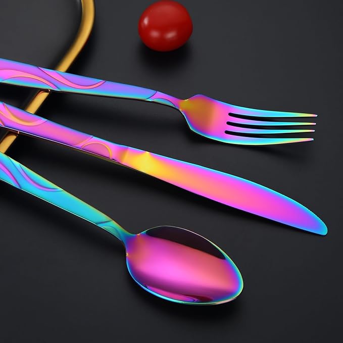 Rainbow Stainless Steel Flatware Set for 6, Ergonomic Silverware Set with Fork Spoon Knife, 30-piece Colorful Cutlery Tableware Set - Dishwasher Safe