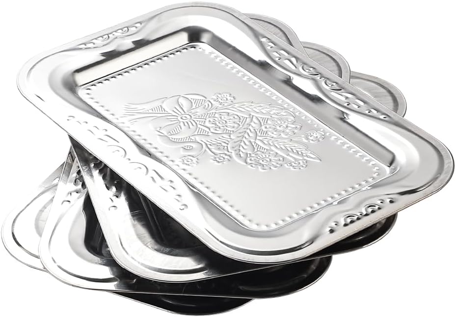 4-Pack Small Silver Serving Trays Set - ZENOVLUX Bow Floral Engraved Mirror Decorative Tray, 11.4" x 7" Party Platters for Whiskey, Cookies, Charcuterie, Snacks, Desserts, Fruit, Party Food Display