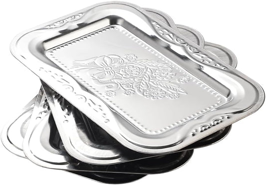 4-Pack Small Silver Serving Trays Set - ZENOVLUX Bow Floral Engraved Mirror Decorative Tray, 11.4" x 7" Party Platters for Whiskey, Cookies, Charcuterie, Snacks, Desserts, Fruit, Party Food Display