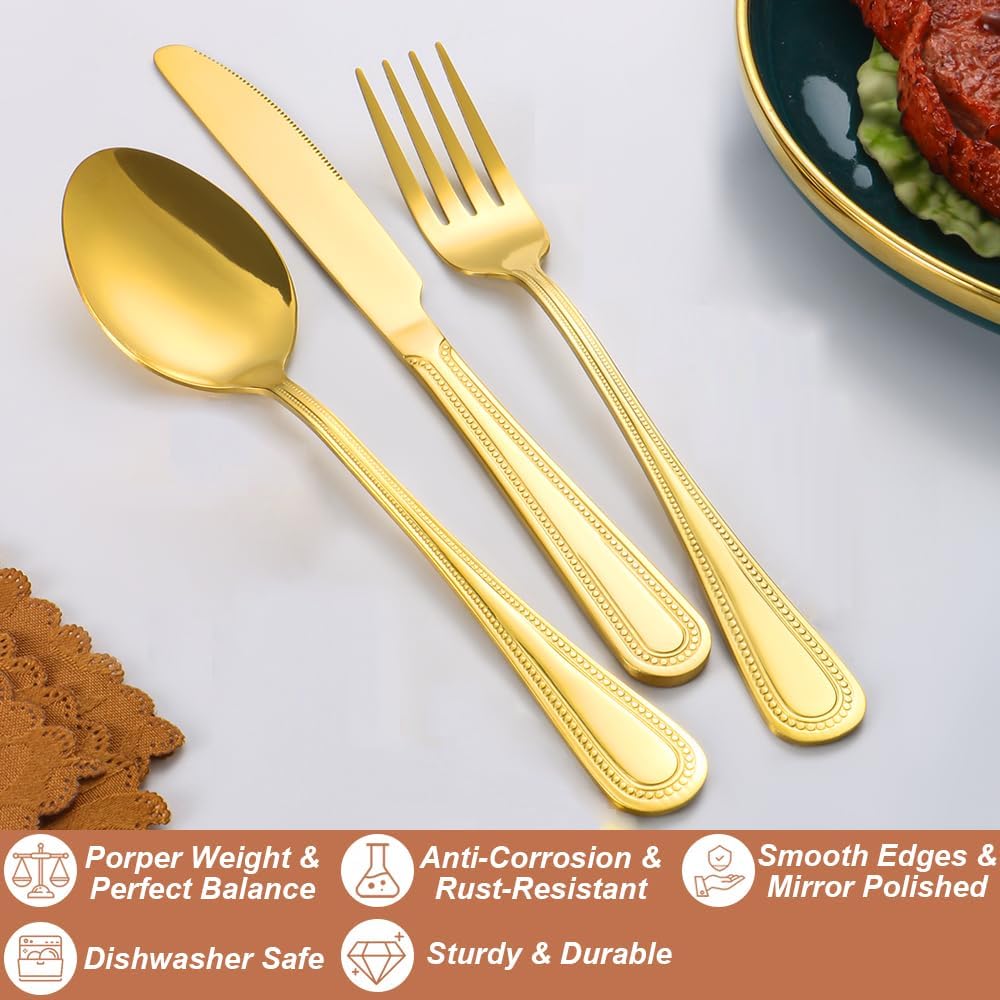 20 Pcs Gold Silverware Set for 4 with Pearled Edge Handle design, Food Grade Stainless Steel Flatware Set, Eating Utensils Sets Include Fork/Knife/Spoon, Reusable Cutlery Set, Dishwasher Safe