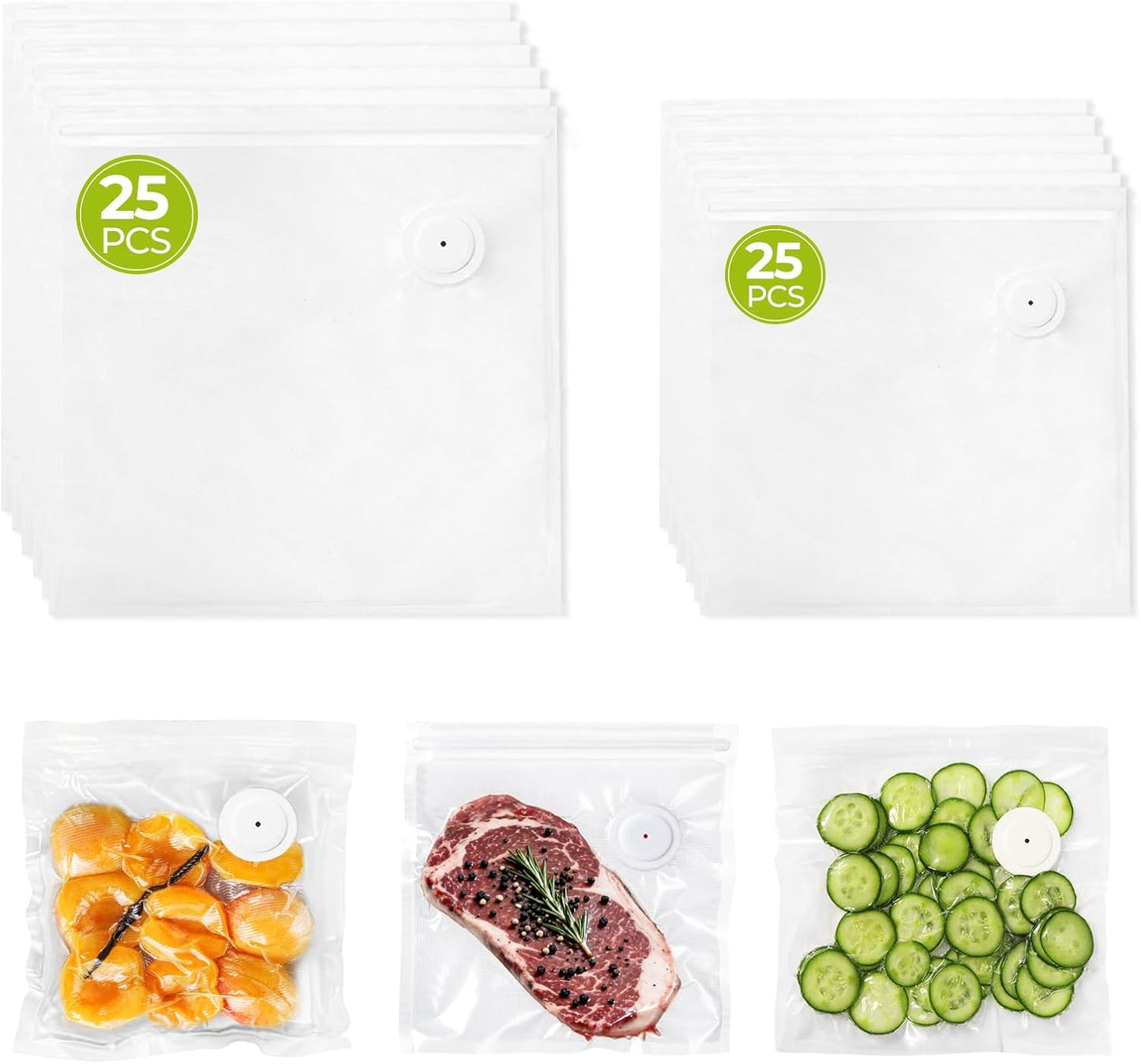 Reusable Vacuum Sealer Bags for Food with Air Valve, 50 Pack BPA‑Free Food Saver Bags Dishwasher‑Safe, Freezer,Microwave, Odor-Resistant, Leak‑proof for Leftovers, Meal Prep, Sous Vide, BBQ