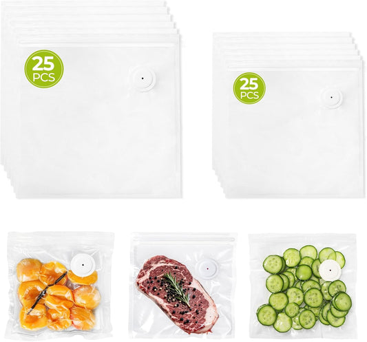 Reusable Vacuum Sealer Bags for Food with Air Valve, 50 Pack BPA‑Free Food Saver Bags Dishwasher‑Safe, Freezer,Microwave, Odor-Resistant, Leak‑proof for Leftovers, Meal Prep, Sous Vide, BBQ