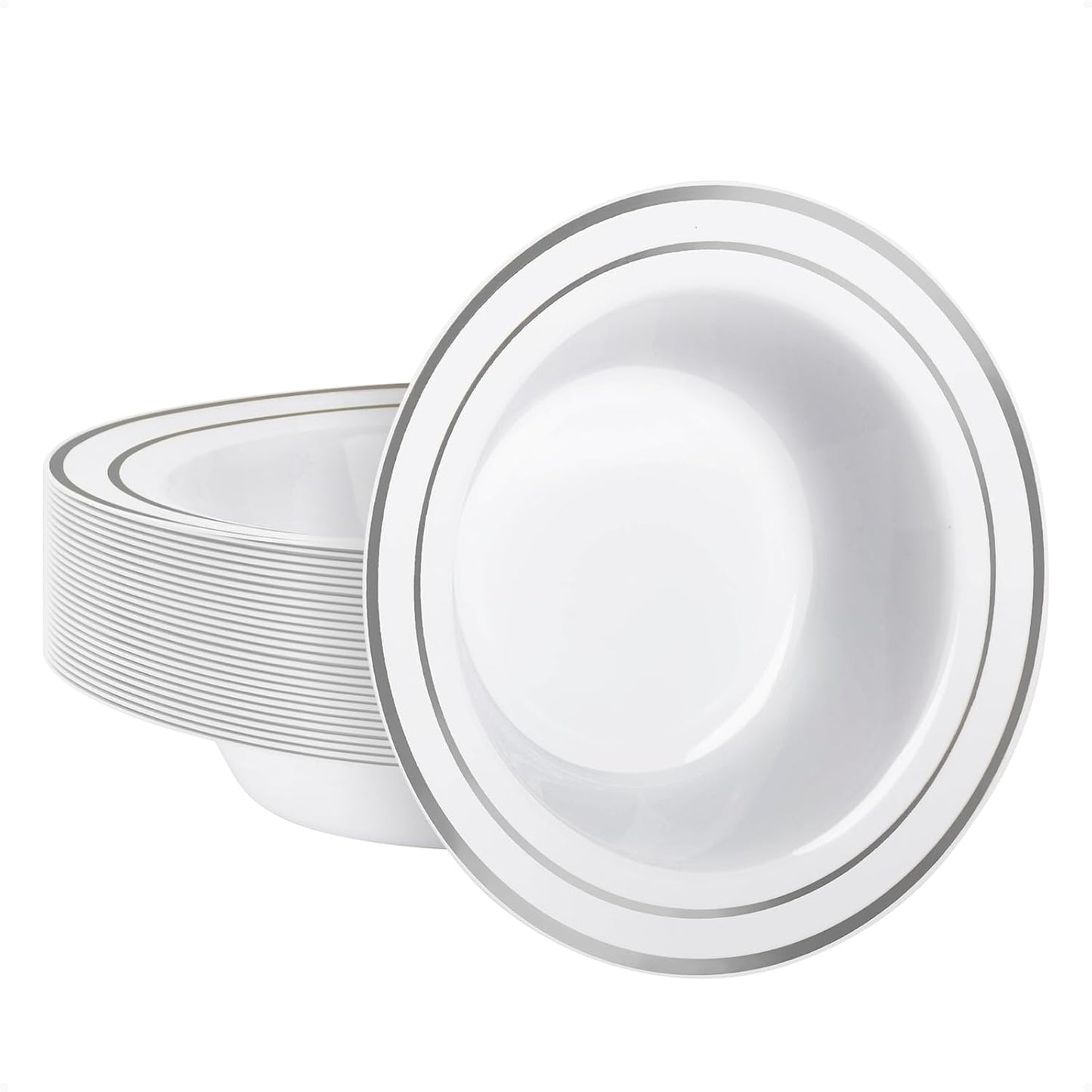 Goodluck 25 Pack Plastic Bowls with Silver Rim, 12oz Disposable Soup Bowls for Weddings, Parties, Dinners, Catering, and Everyday Use