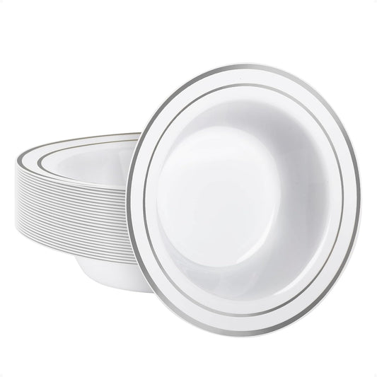 Goodluck 25 Pack Plastic Bowls with Silver Rim, 12oz Disposable Soup Bowls for Weddings, Parties, Dinners, Catering, and Everyday Use