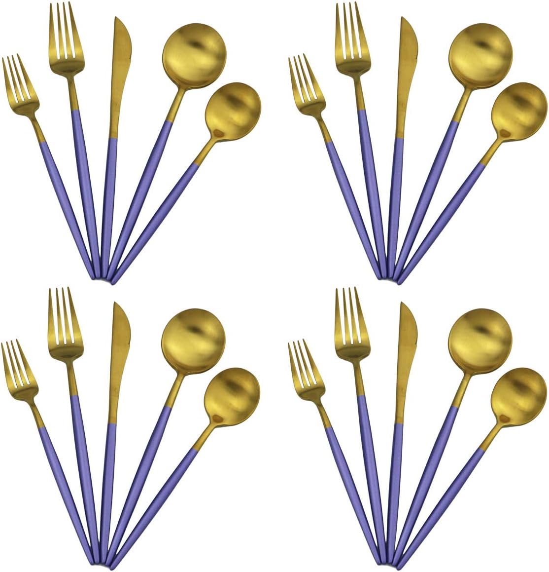 Gugrida 20-Piece 18/10 Stainless Steel Flatware Silverware, Luxury Dinnerware Set Travel Cutlery Tableware Include Knife Fork Spoon Service for 4, Dishwasher Safe (Purple Handle Matte Gold)