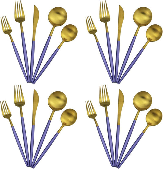 Gugrida 20-Piece 18/10 Stainless Steel Flatware Silverware, Luxury Dinnerware Set Travel Cutlery Tableware Include Knife Fork Spoon Service for 4, Dishwasher Safe (Purple Handle Matte Gold)
