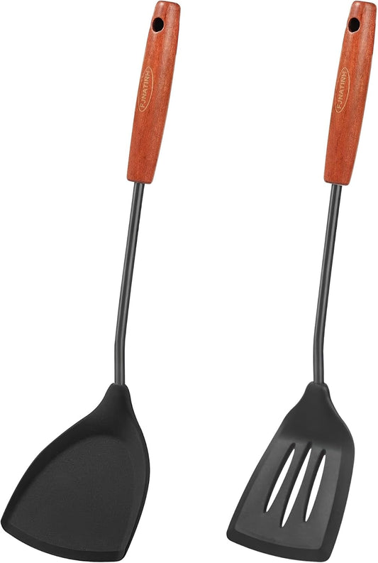 FJNATINH Silicone Spatulas and Turner Set - Stainless Steel Wok Tools, Wok Utensil, Non Stick Turners, Heat Resistant Rubber Spatulas for Fish, Eggs, Pancakes, Wok, Black of 2