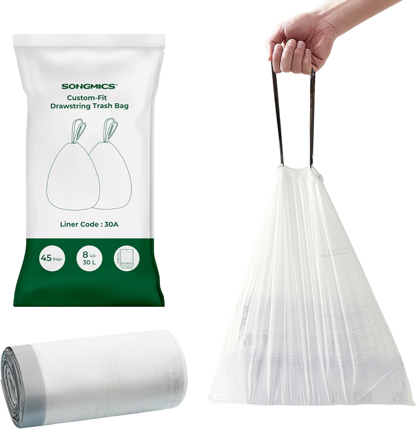 SONGMICS Trash Bags for 8-Gallon (30 L) Trash Cans, Drawstring Kitchen Garbage Bags, Pre-Separated, Liner Code 30A, 1 Roll, 45 Count, White UKRB30A