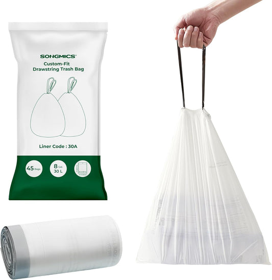 SONGMICS Trash Bags for 8-Gallon (30 L) Trash Cans, Drawstring Kitchen Garbage Bags, Pre-Separated, Liner Code 30A, 1 Roll, 45 Count, White UKRB30A