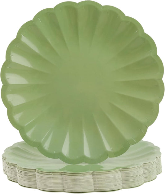 50Pcs Large Scalloped Sage Green Paper Plates 7Inch Shell Edge Dessert Plates for Cake Salad Fruit Disposable Dessert Serving Plates for Birthday Wedding Baby Shower Party Decorations