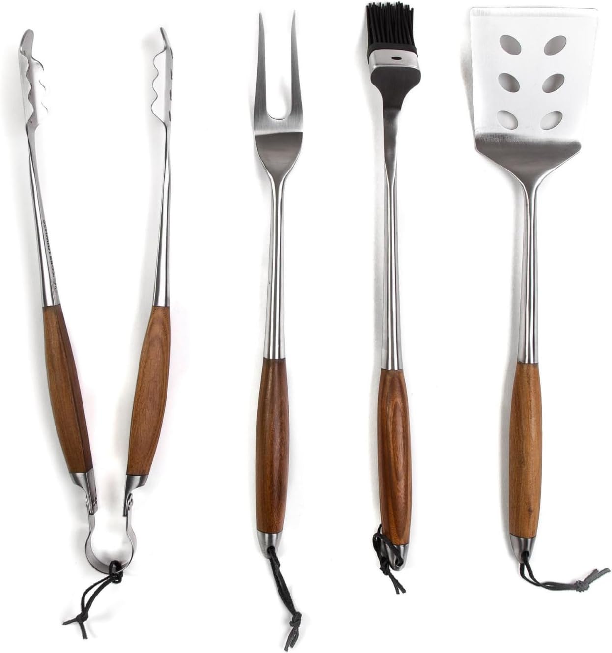 Schmidt Brothers - BBQ Bonded Teak 4 Piece Grilling Accessory Set, Full-Forged Stainless Steel Grilling Utensils Including Spatula, Fork, Basting Brush, and Tongs with All Wood Handles